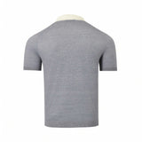 Back view of a grey short-sleeve knit polo shirt with a contrasting cream collar, ribbed cuffs, and hem.
