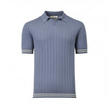 Light blue knit short-sleeve polo shirt with vertical ribbing, a V-neck collar, and white striped ribbed cuffs and hem.
