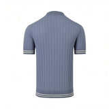 Light blue ribbed knit polo shirt, short sleeves with two light grey stripes on cuffs and hem.
