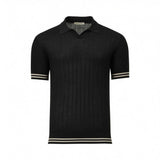 Black knit polo shirt with an open V-neck collar. It has vertical ribbing and two light-colored stripes on the short sleeves