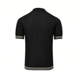 Black ribbed knit short-sleeve polo shirt. Cuffs and hem feature two thin light-colored horizontal stripes.