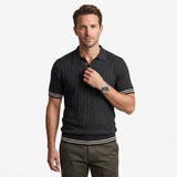 Dark grey ribbed knit polo shirt with short sleeves, a two-button placket, and light-coloured stripes on cuffs and hem.