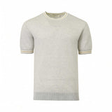 Light grey knit short-sleeve sweater. Ribbed round neck, cuffs, and hem. Collar and cuffs have light grey, gold-toned, white