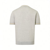 Light grey knit short-sleeve polo shirt with ribbed collar and cuffs featuring thin white, yellow, and brown stripes. Ribbed