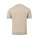 Beige fine knit short-sleeve polo shirt with ribbed hem, and ribbed collar and cuffs featuring black and white stripes.