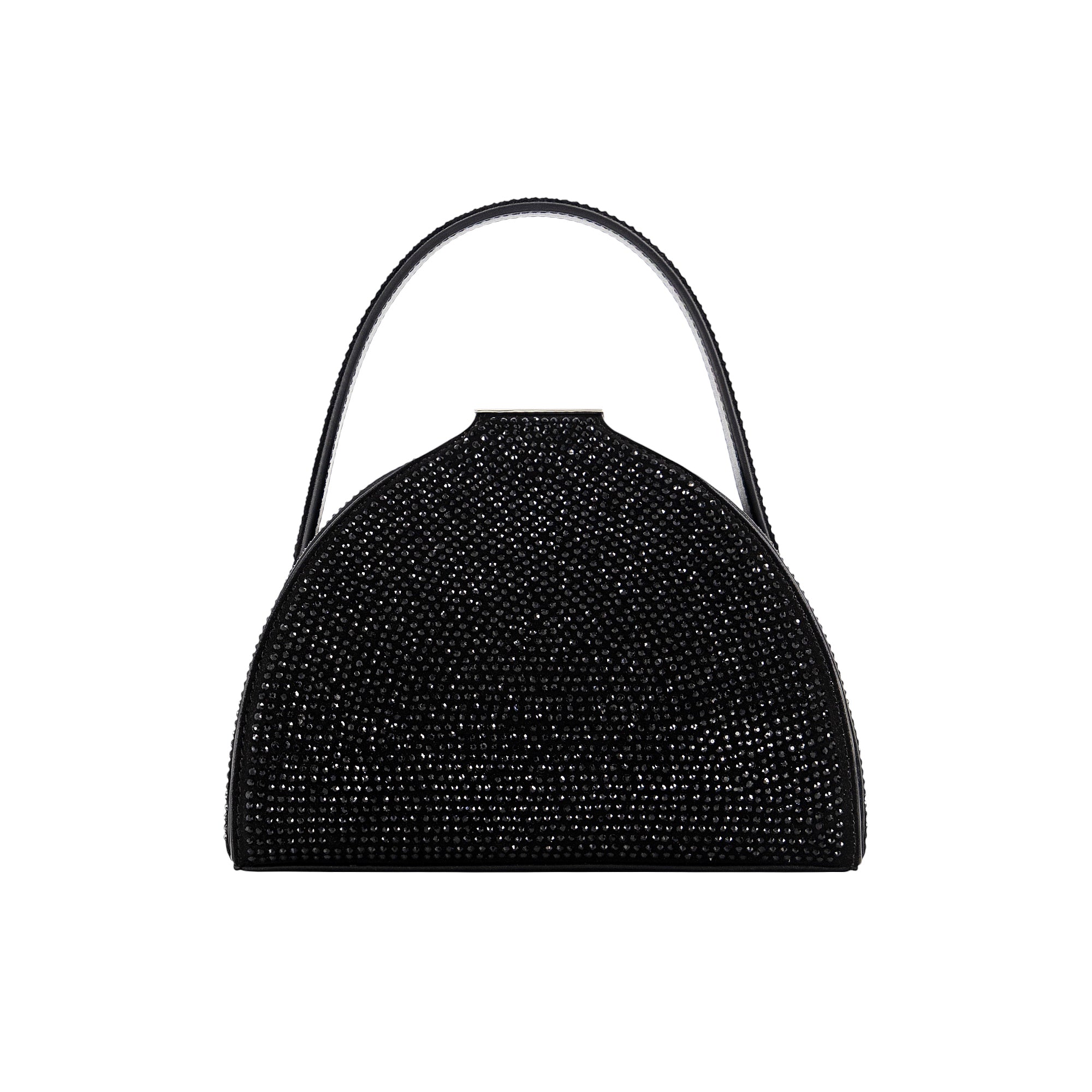 Black MLOUYE Sera Charm Blossom top handle bag with a semi-circular body fully covered in black crystals and a black leather