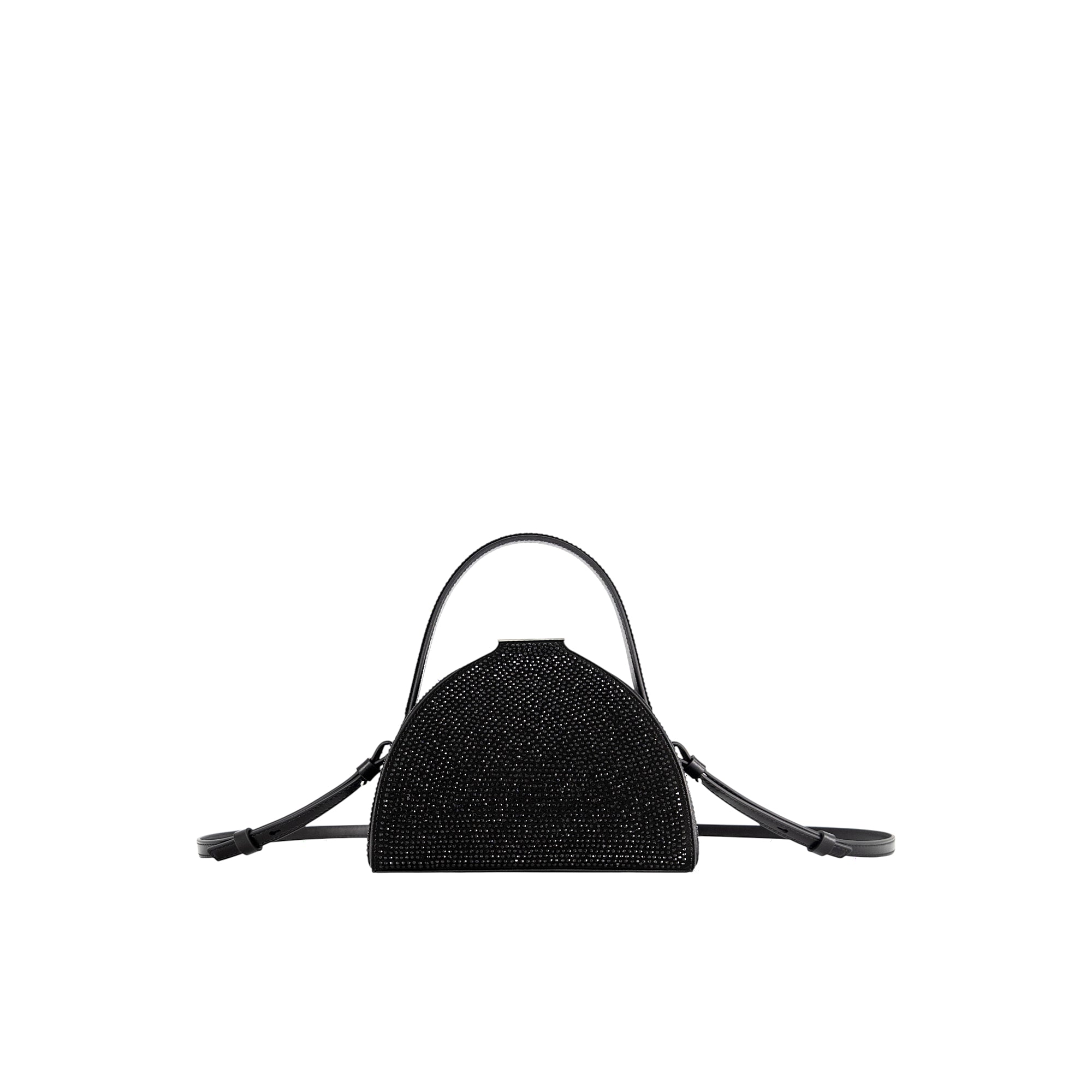 Black half-moon bag covered in sparkling rhinestones, with a top handle and a black shoulder strap.
