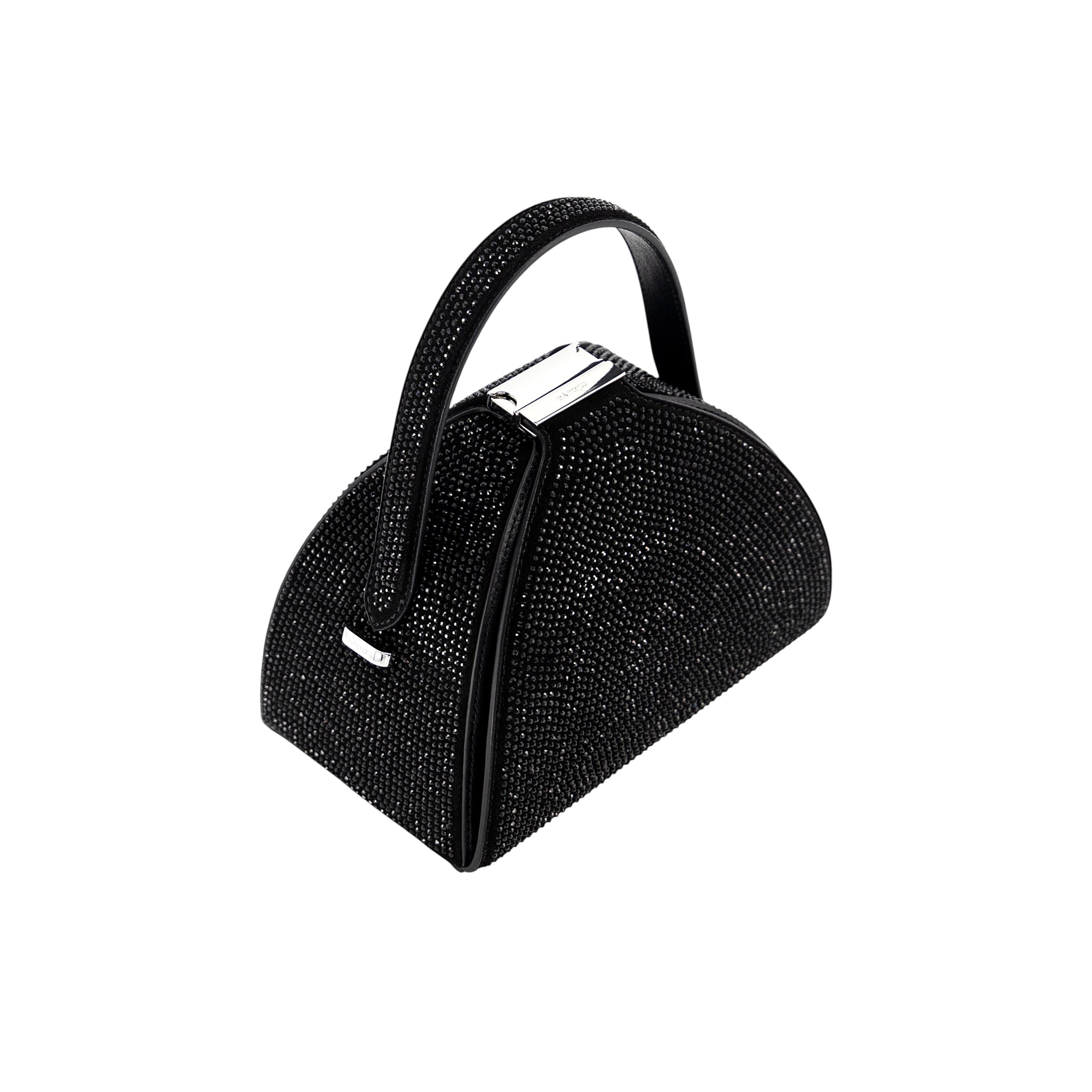 Black rhinestone-covered dome handbag with a matching top handle and silver-toned frame closure.