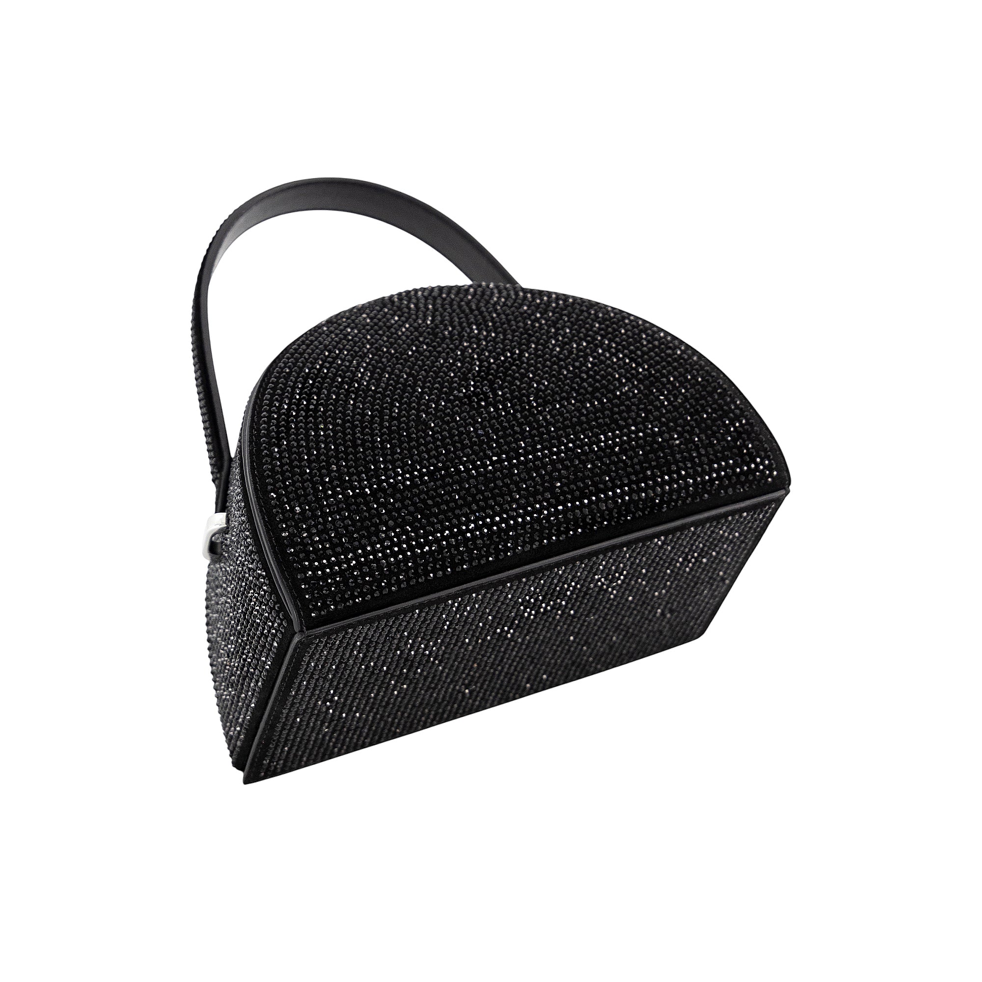 Black half-moon handbag covered in sparkling black rhinestones, with a single black strap handle and silver-toned hardware.