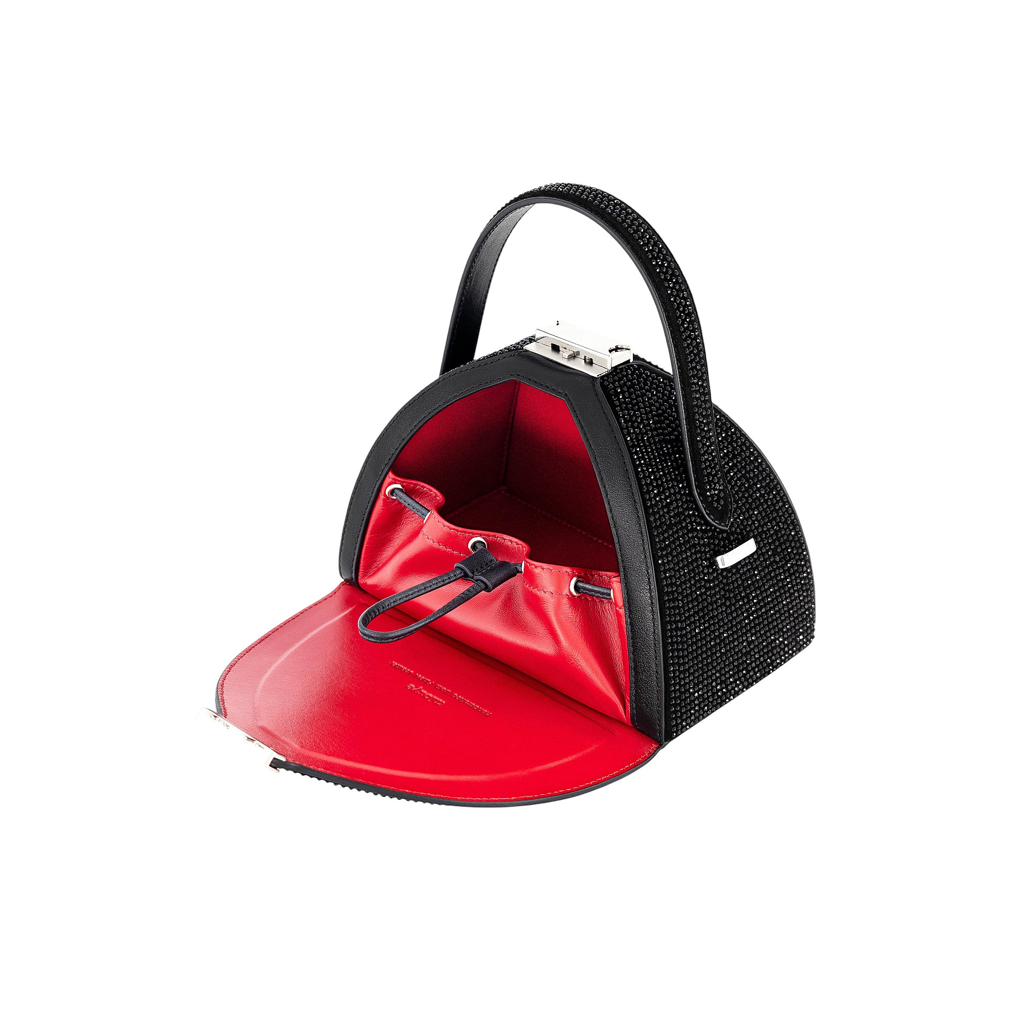 Black crystal-embellished handbag with a single top handle, silver-toned clasp, and a bright red interior with a drawstring p