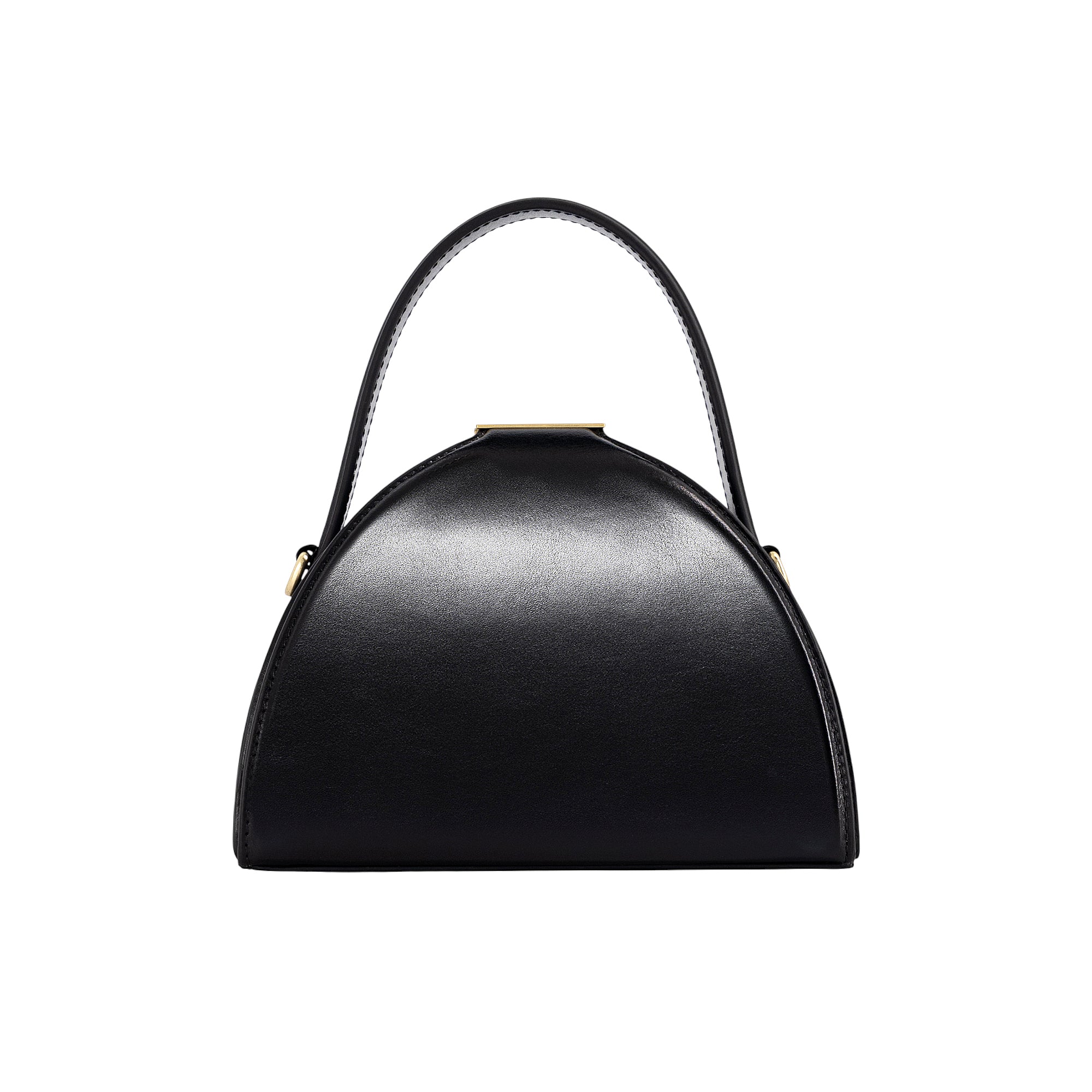 Black structured semi-circular top handle bag with a smooth finish and gold-toned hardware closure.