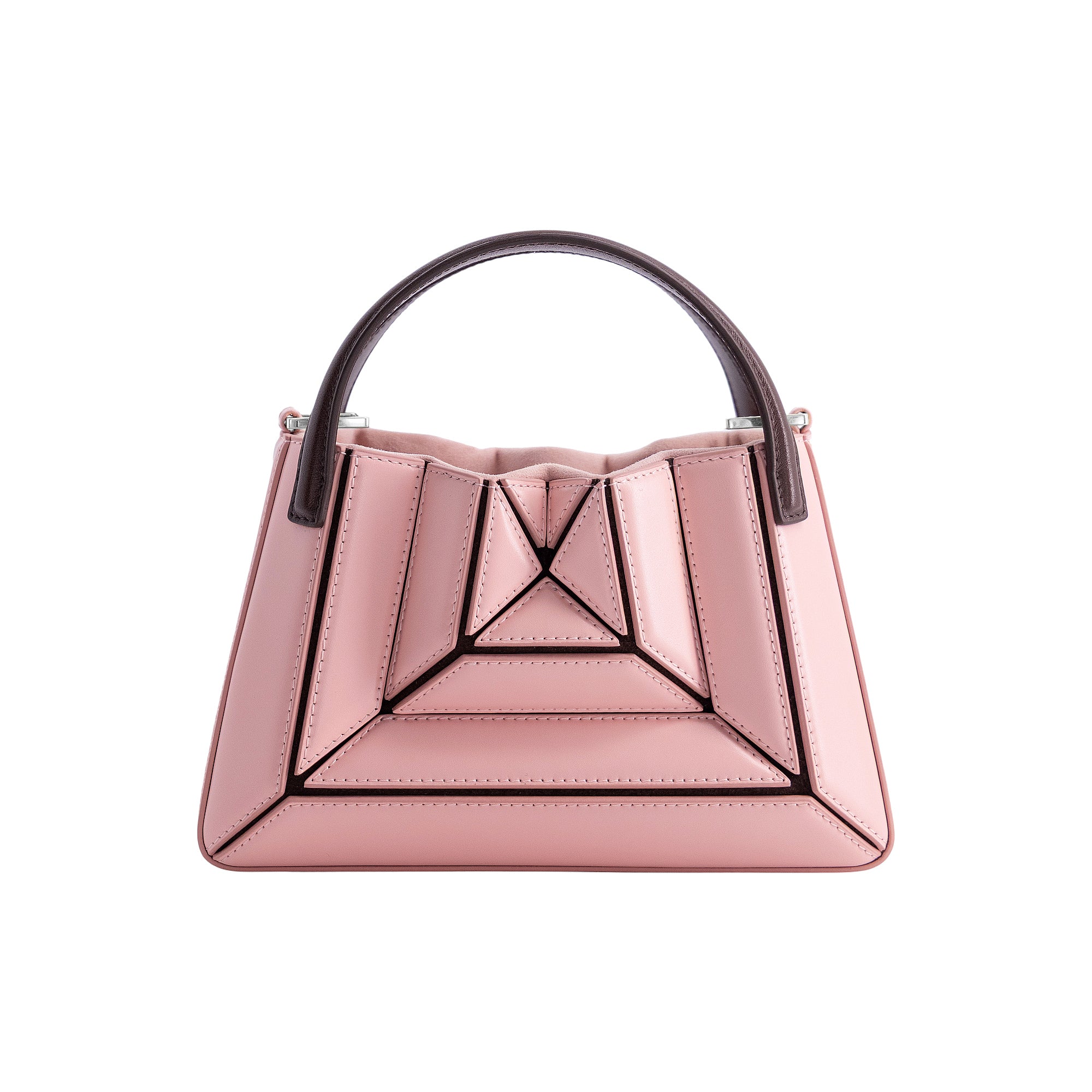 Pink MLOUYE Mini Sera tote bag with geometric faceted panels and a dark brown top handle.
