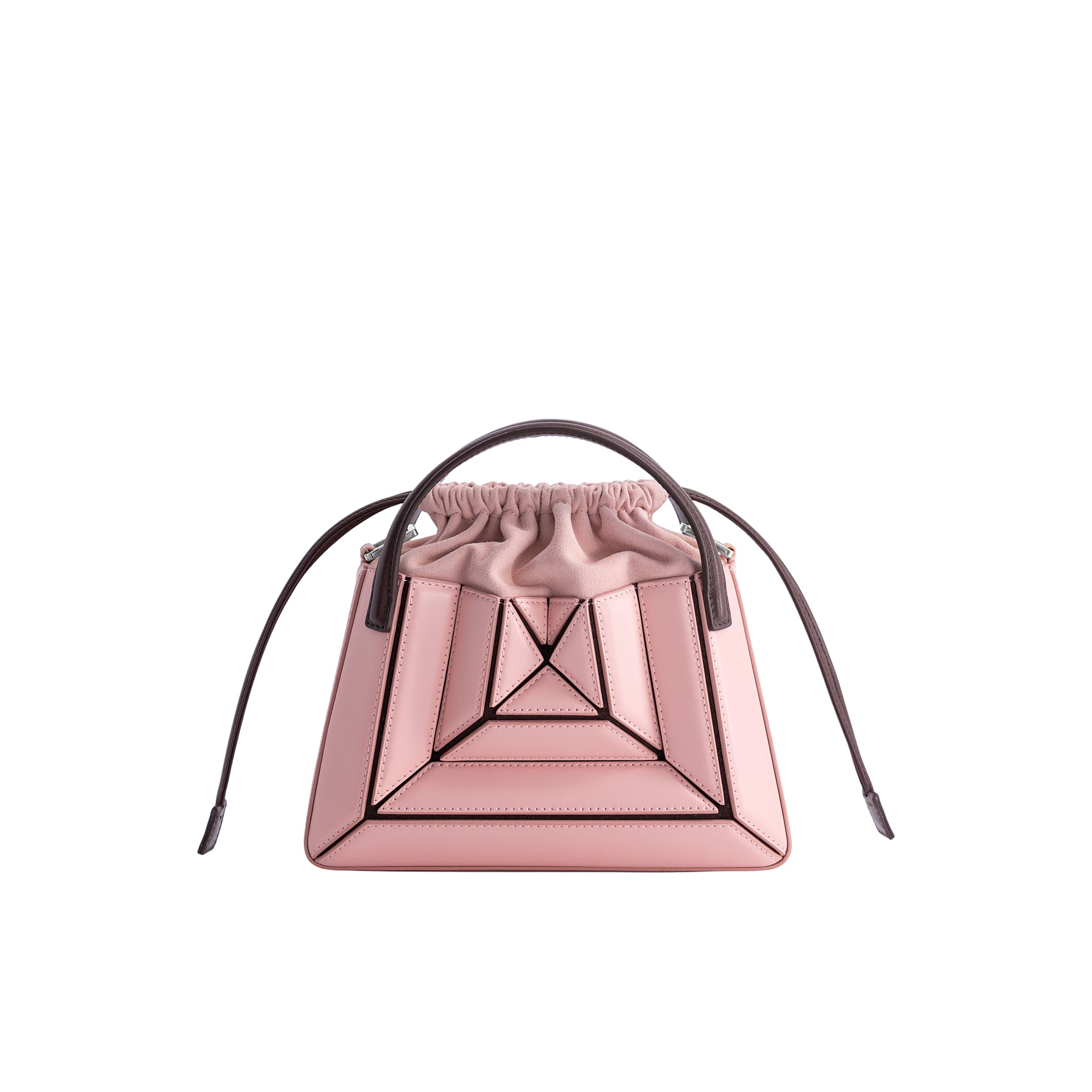 Blossom pink structured mini tote bag with dark brown handles and strap. Features a geometric panel design and a gathered dra