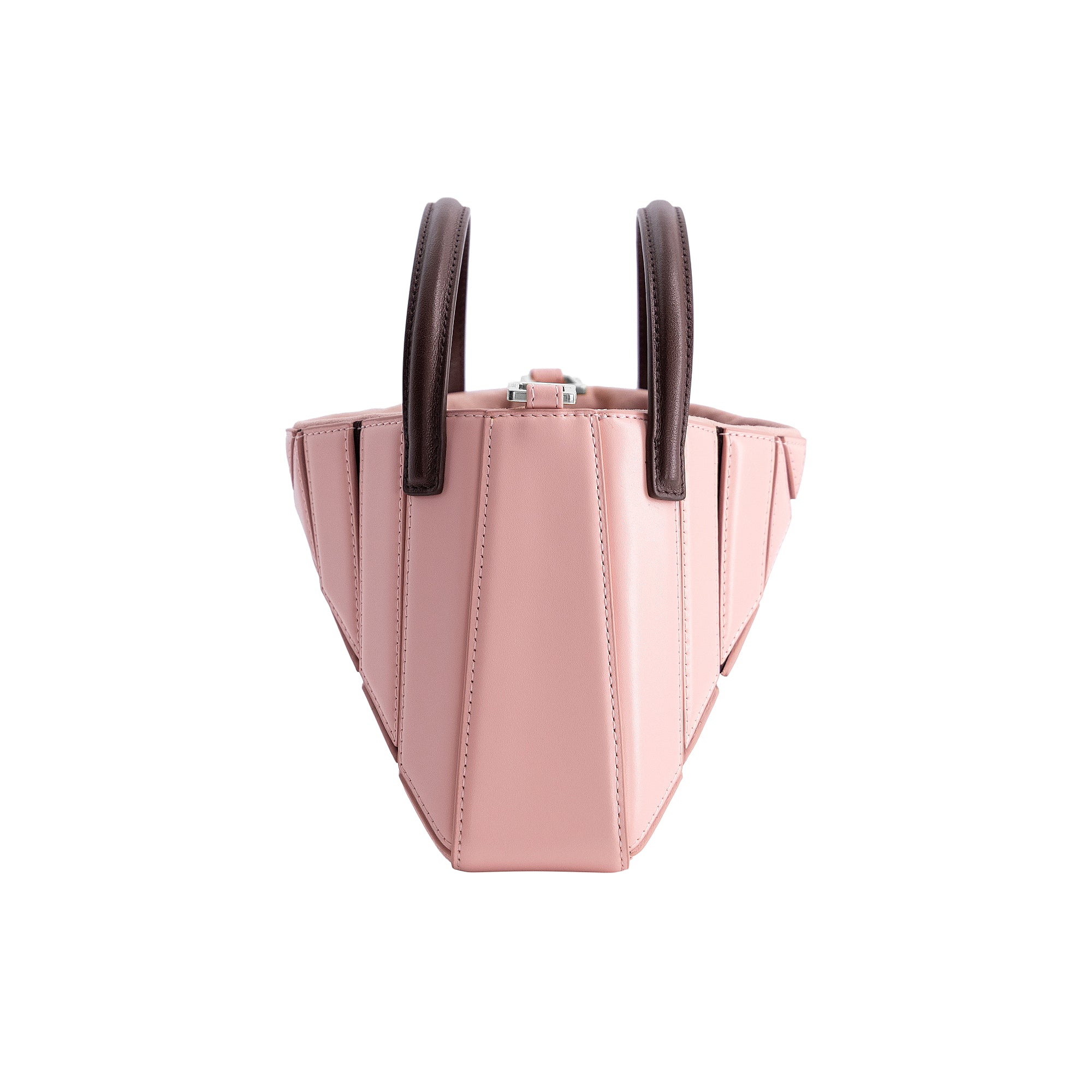 Light pink leather mini tote bag with a geometric, faceted design. Features two dark brown top handles and a silver-toned zip