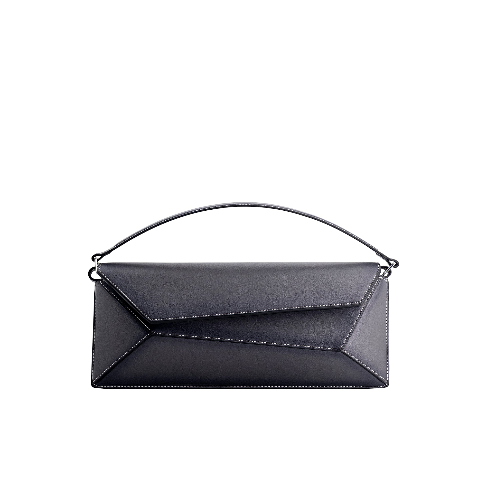 Dark grey leather baguette bag with a geometric flap and white contrast stitching, featuring a single top handle.
