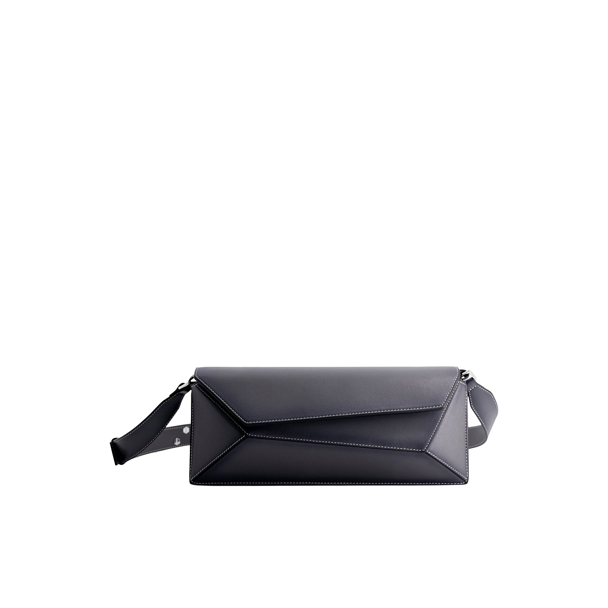 Dark grey baguette bag with geometric flap design and white contrast stitching. Features a flat shoulder strap and silver-ton