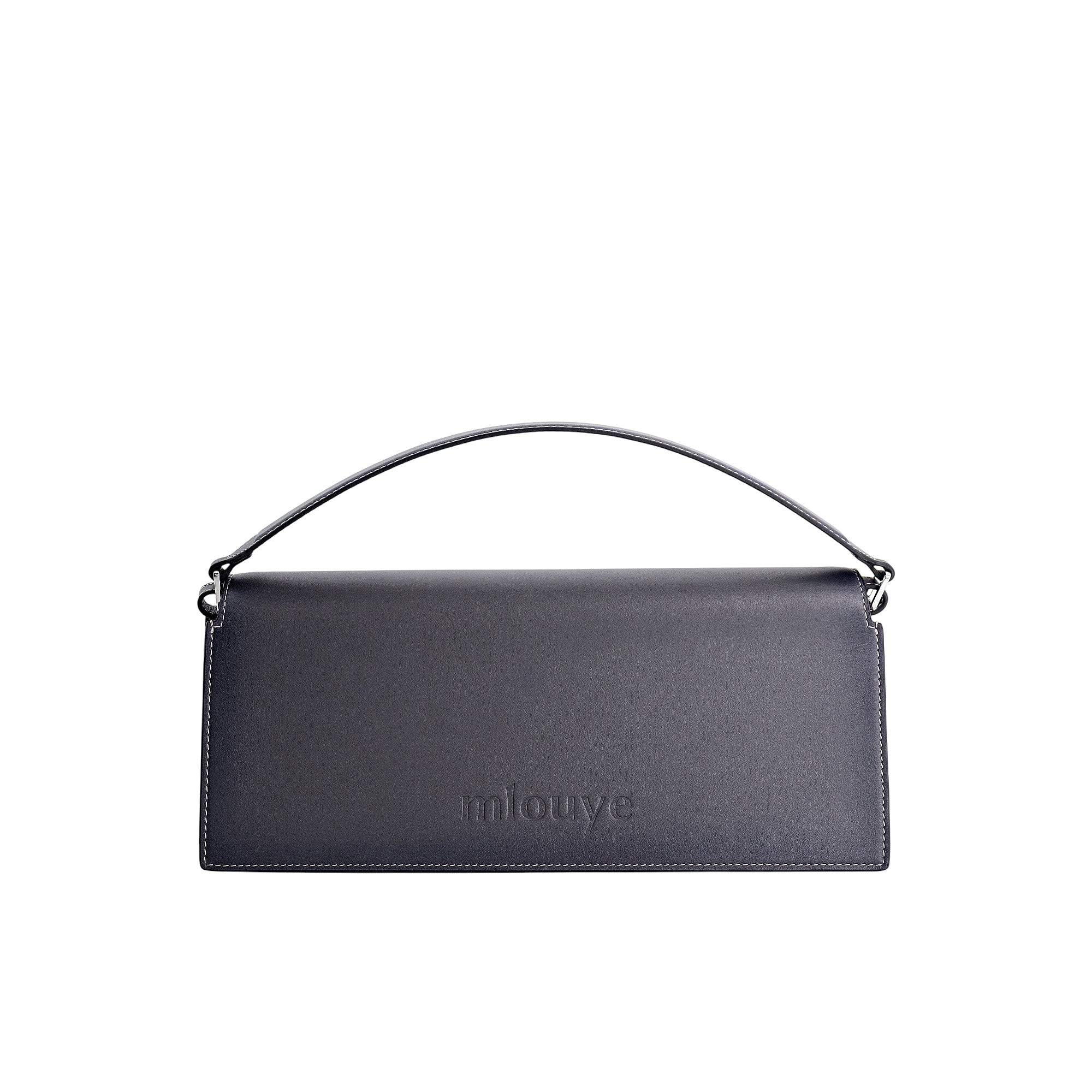 Dark grey smooth leather baguette bag with a single top handle, silver-toned hardware, white contrast stitching, and "mlouye"