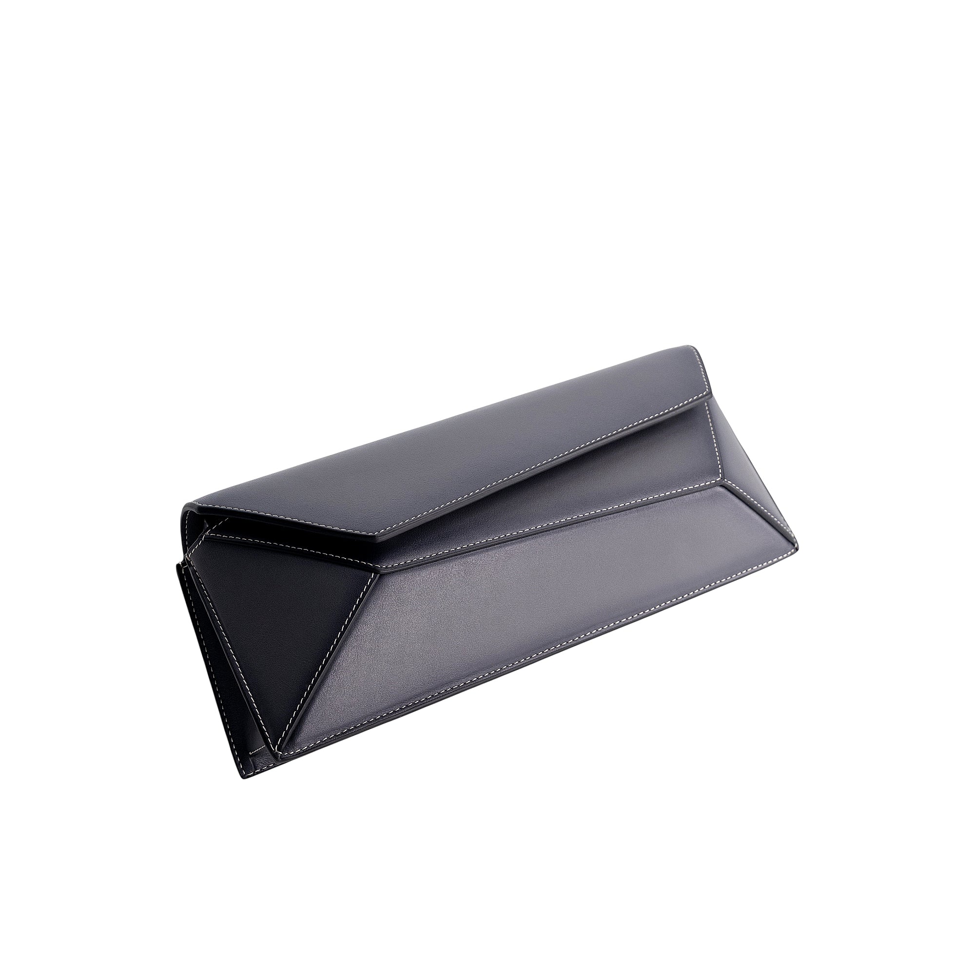 Dark grey baguette bag with a flap closure and white contrast stitching outlining geometric folds and edges.