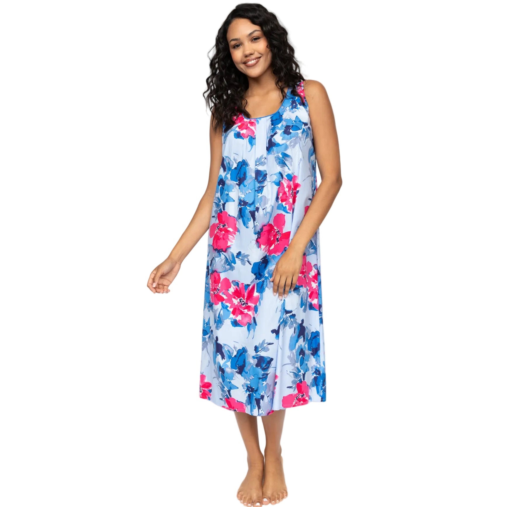 Light blue sleeveless floral print nightdress with pink and blue flowers and a scoop neckline