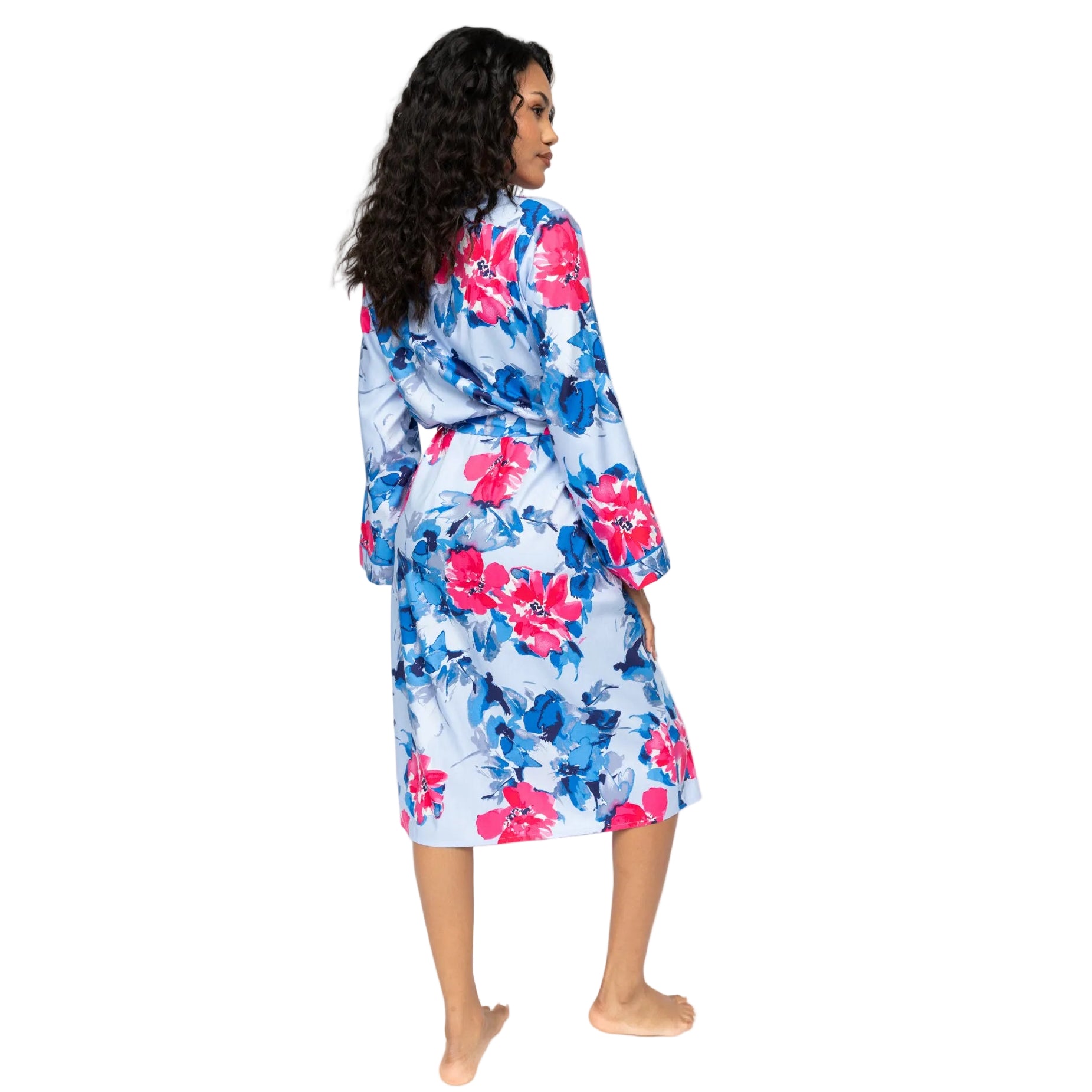 Blue floral print long-sleeve dressing gown with a belted waist, featuring pink and blue flowers.