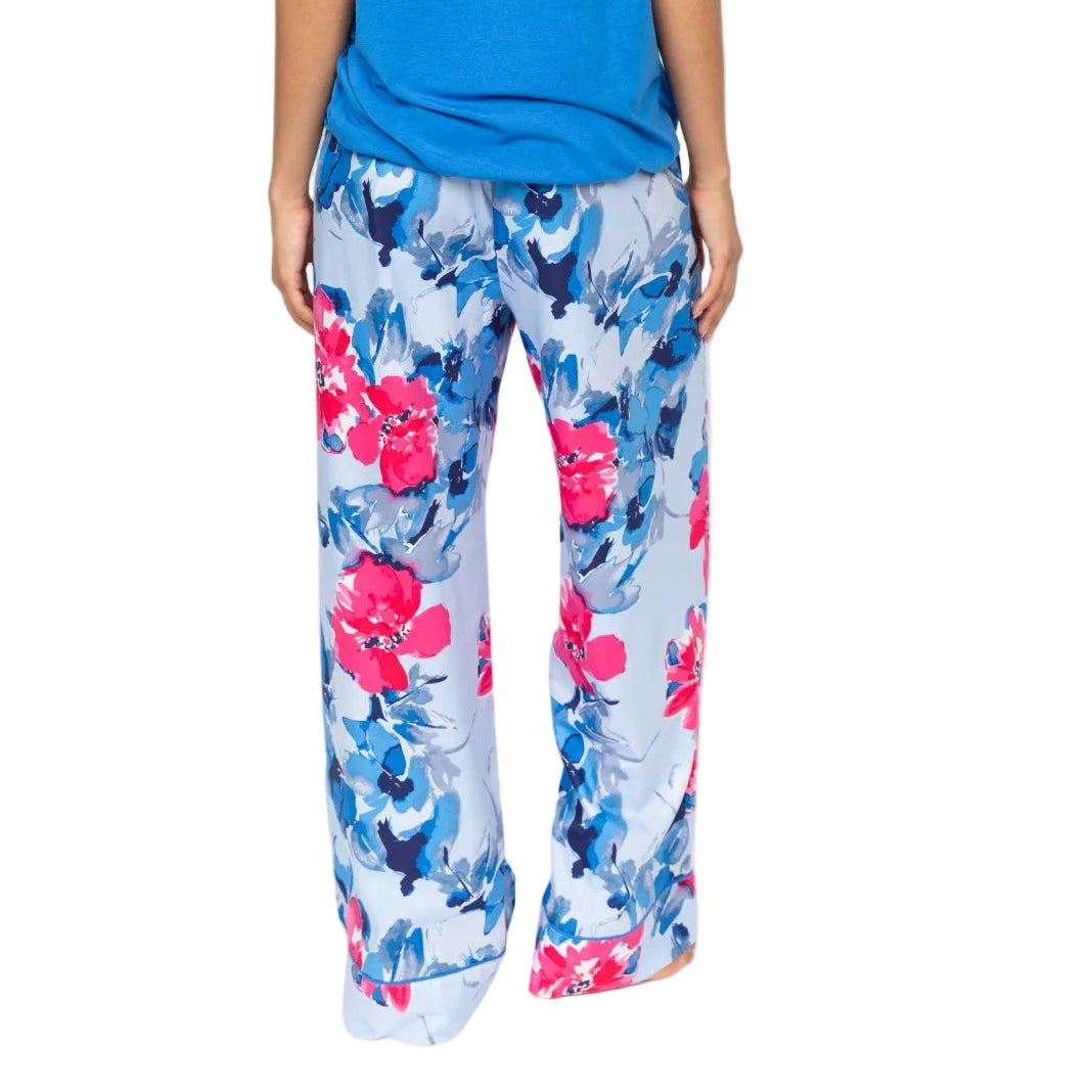 Light blue wide-leg pyjama bottoms with an elasticated waist and a vibrant floral print of pink flowers and blue leaves.