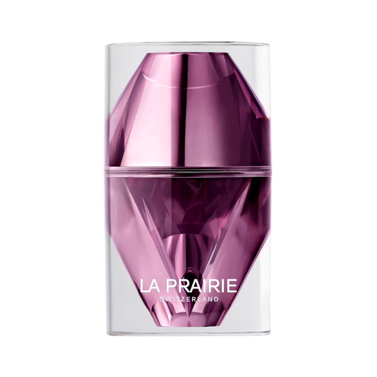 A vertical luxury skincare bottle of La Prairie Switzerland Platinum Rare Haute-Rejuvenation Eye Elixir. The packaging features a striking diamond-shaped inner vial in metallic amethyst purple, suspended within a clear, cylindrical outer casing. The La Prairie Switzerland logo is printed in white at the base.