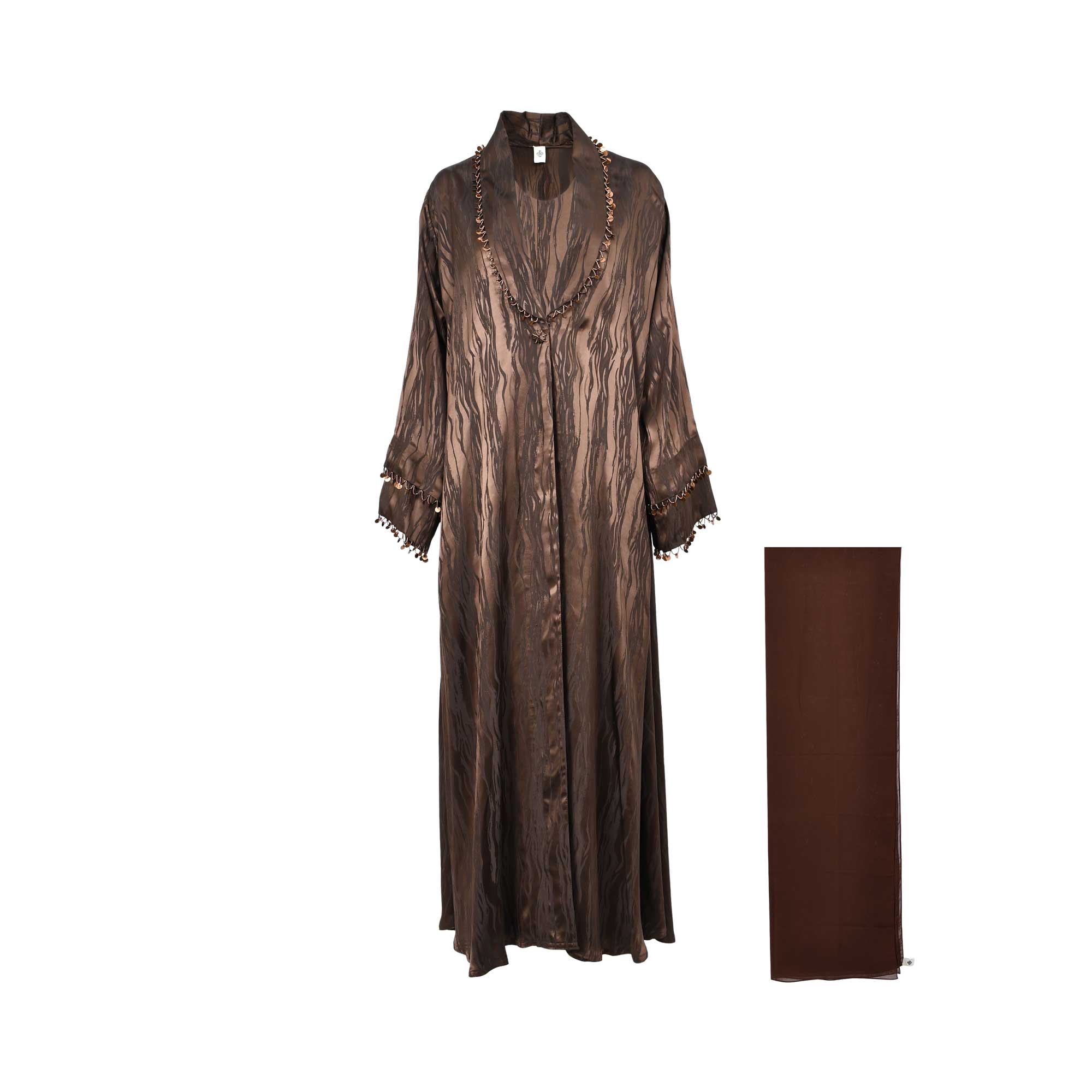 Lamar Textured Satin Bronze Brown Abaya with matching scarf — Order Online Today.