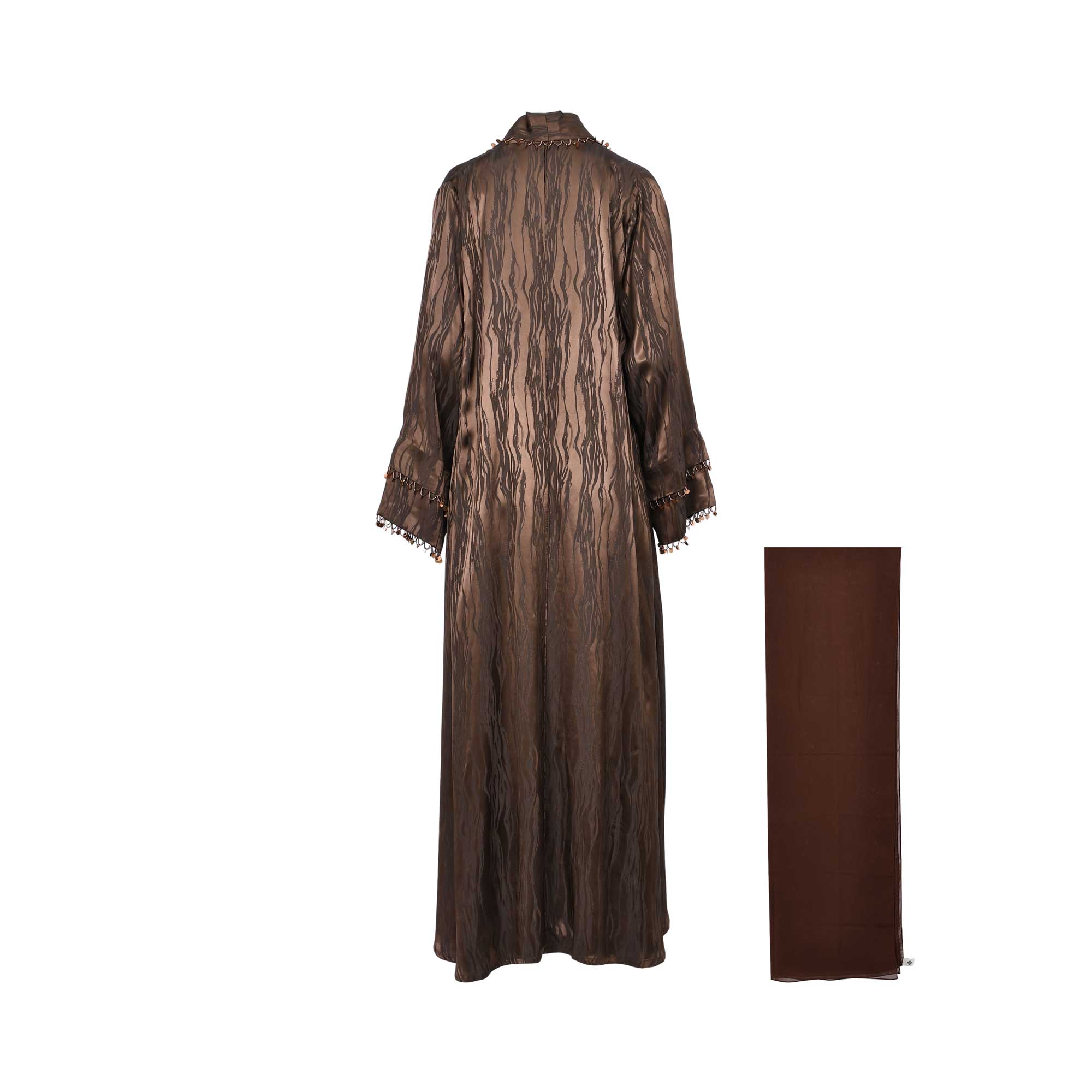 Lamar Textured Satin Bronze Brown Abaya with matching scarf — Order Online Today.