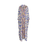Front view of a LAYLATY floral jalabiya in blue and cream, featuring a crystal-embellished high collar and center decorative trim.