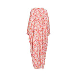 Back view of the LAYLATY coral floral kaftan illustrating the flowing silhouette and the vibrant, all-over botanical print.