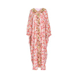 Front view of the LAYLATY peach floral jalabiya showing the colorful crystal and gold-beaded embroidery down the center and balloon sleeves.