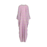Back view of the LAYLATY pink paisley kaftan showing the continuous print and the elegant, flowing drape of the fabric.