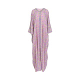 Front view of the LAYLATY pink paisley print jalabiya featuring a crystal-embellished V-neckline and center trim.