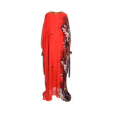Back view of the LAYLATY red kaftan illustrating the sheer chiffon drape and the continuation of the floral pattern on the side.