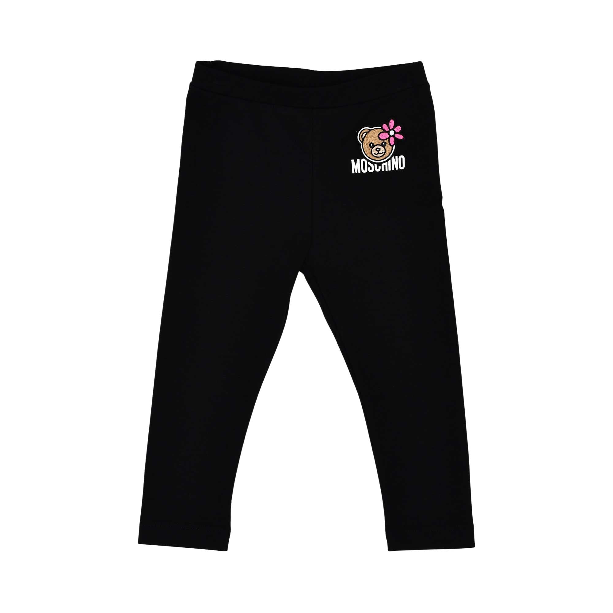 Leggings-only front view of the Moschino baby girl white top black teddy leggings set. Available for Online Purchase