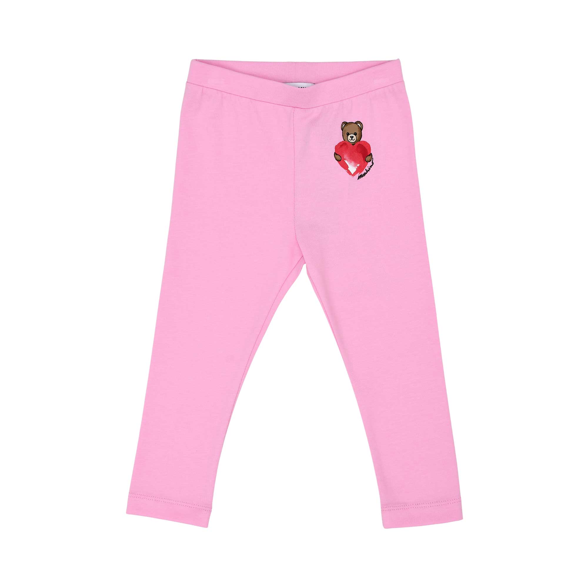 Leggings front view of the Moschino baby girl white top pink teddy heart leggings set. Shop Online Today.
