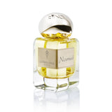 A close-up of the Lengling Munich Namui Extrait de Parfum glass bottle, showcasing the gold-hued fragrance, silver cap, and signature fabric label.