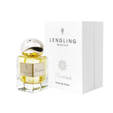 Lengling Munich Namui Extrait de Parfum bottle next to its white textured branded presentation box, featuring the signature logo and elegant gold-toned liquid.