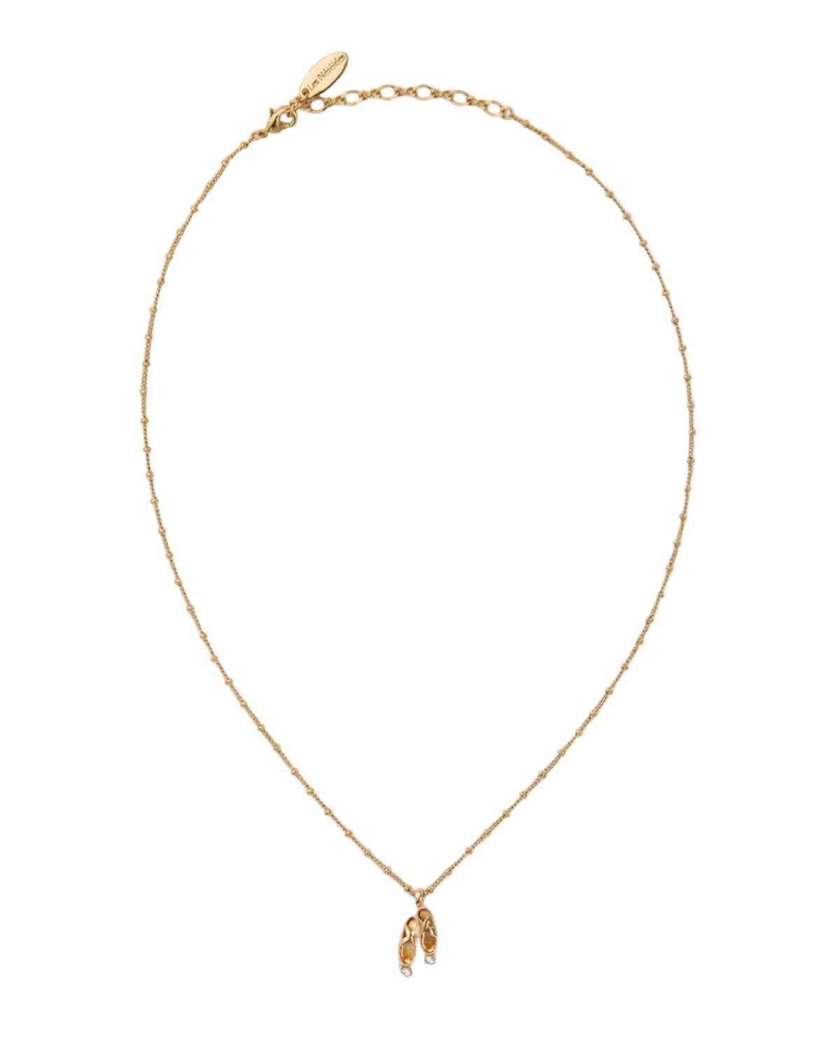 Les Nereides Women's Pink Pallet Slipper Pendant Necklace Gold necklace with a pendant on a light gray background