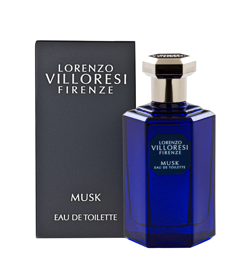 Lorenzo Villoresi Firenze Musk Eau de Toilette 100ml bottle standing next to its minimalist matte charcoal grey rectangular packaging box with silver branding.