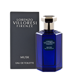 Lorenzo Villoresi Firenze Musk Eau de Toilette 100ml bottle standing next to its minimalist matte charcoal grey rectangular packaging box with silver branding.