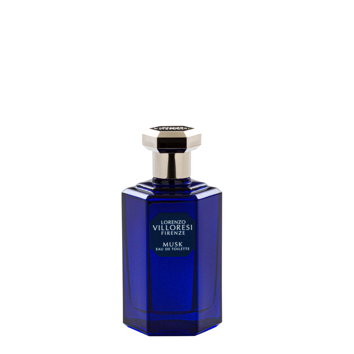 A 100ml hexagonal cobalt blue glass bottle of Lorenzo Villoresi Firenze Musk Eau de Toilette featuring a silver-tone cap and a navy blue label with silver text.