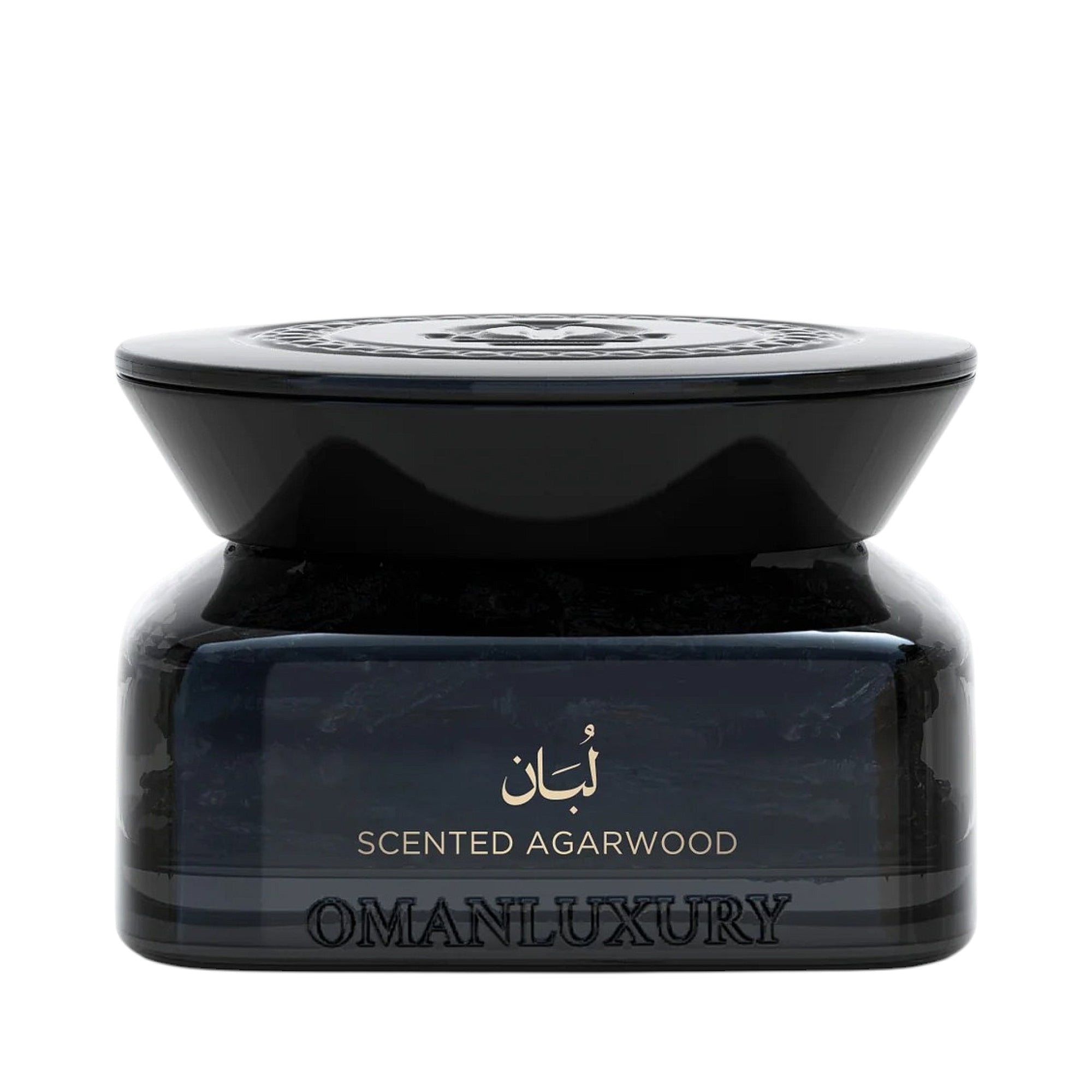 Dark-toned translucent container for frankincense scented agarwood, with a marbled base and an opaque black conical lid featu