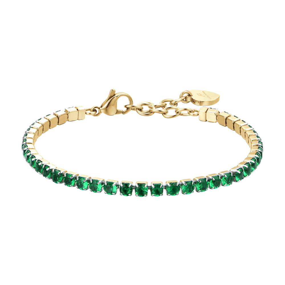 Luca Barra women’s IP gold steel tennis bracelet with green crystals – shop the latest online