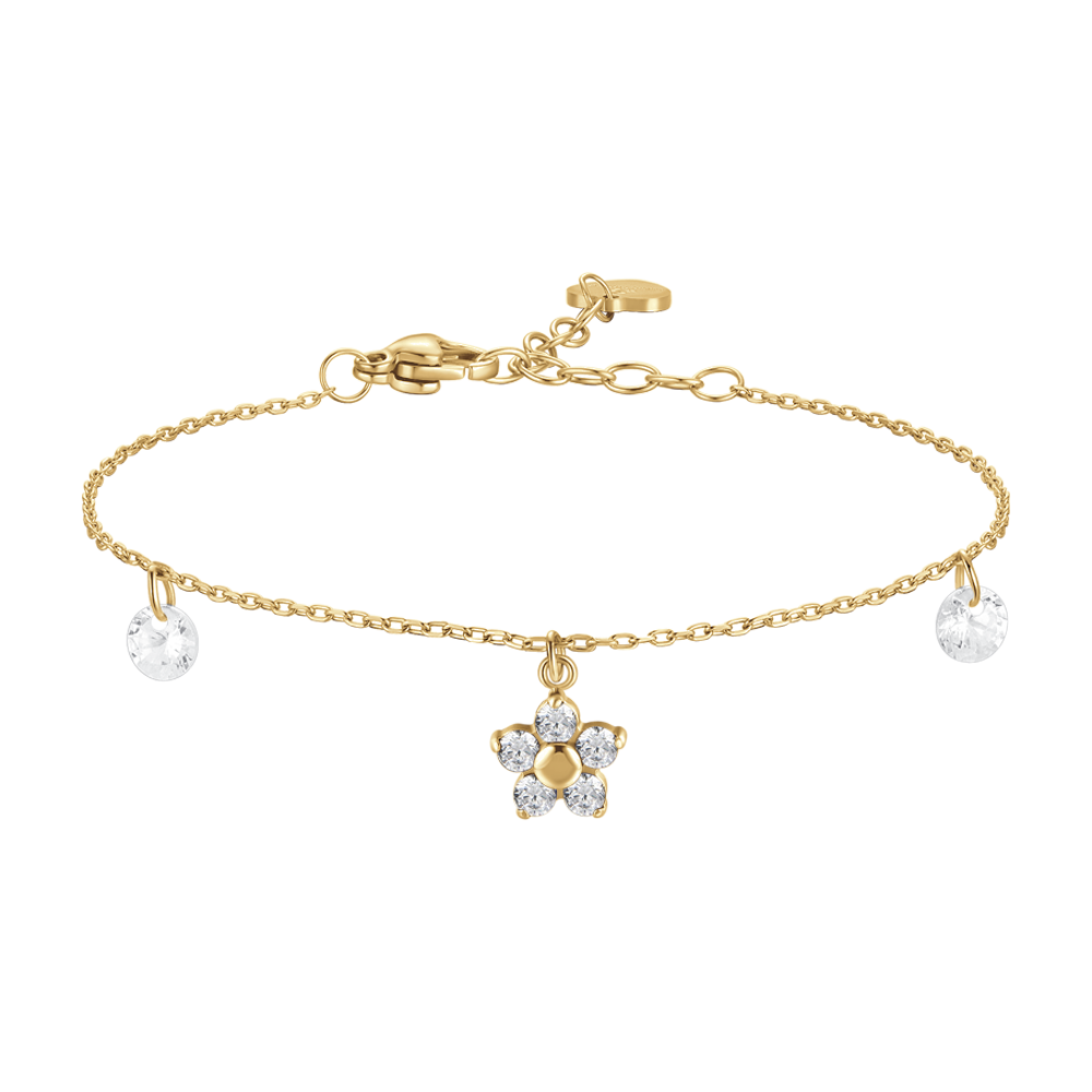 Luca Barra women’s gold-colored steel bracelet with flower pendant and green zircon petals, elegant jewelry design Find Online Today.