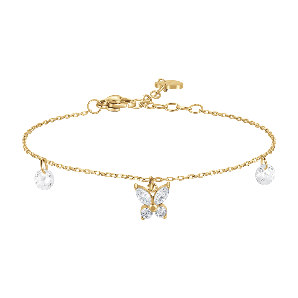 Luca Barra women’s gold-colored steel bracelet with white butterfly zircon pendant and crystal drops, Shop the Latest Online