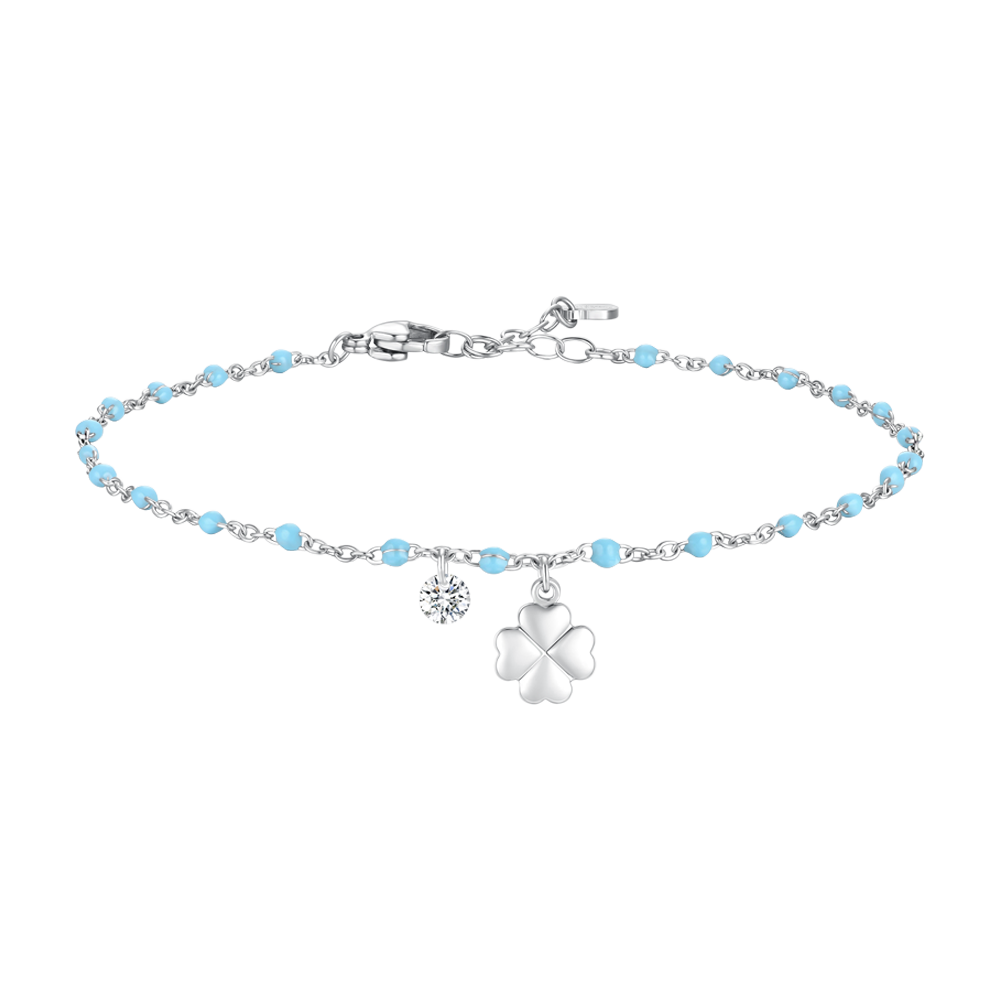 Luca Barra women’s steel bracelet with four-leaf clover charm, crystal and light blue stones, Now Available Online