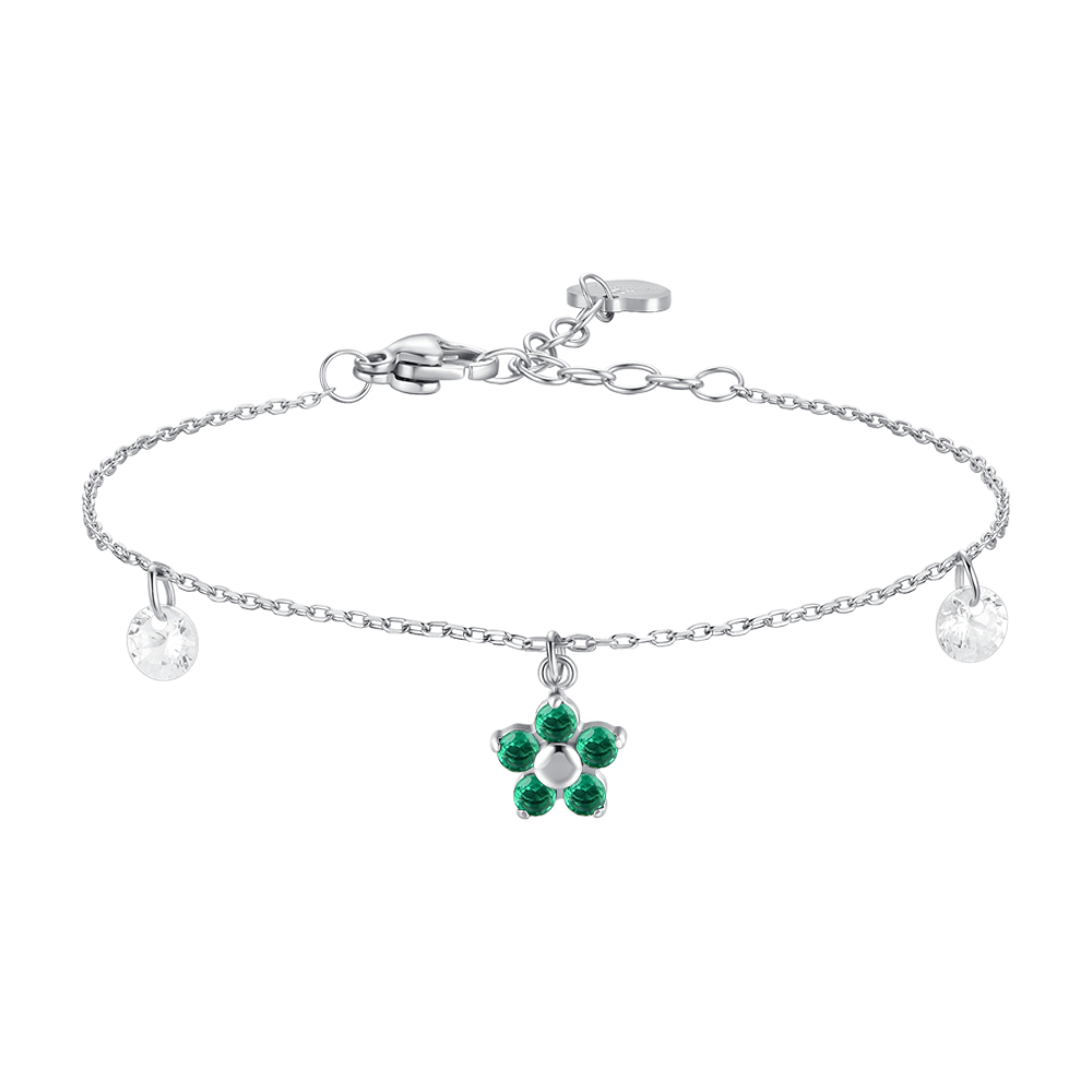 Luca Barra women’s steel bracelet with green flower pendant and zircon petals, elegant floral jewelry design, Now Available Online