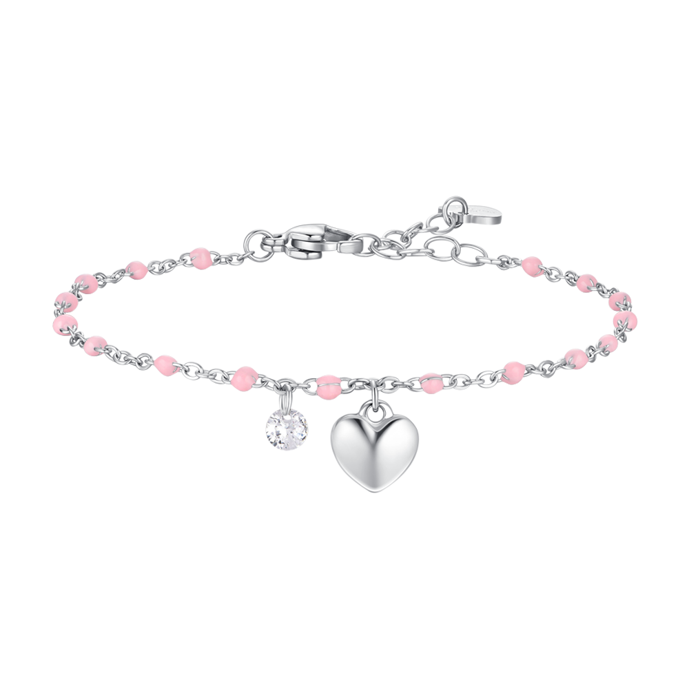 Luca Barra women’s steel bracelet with heart charm, crystal accent, and pink enamel stones – Shop Now Online