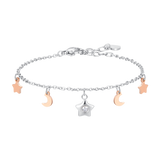 Luca Barra women’s steel bracelet with rose pink stars, moons and white zircon charm, polished finish, Find Now Online.